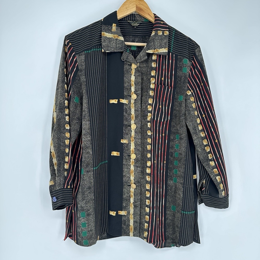 Vintage Leilian multi-stripe patterned long-sleeve blouse Art Patches SEE DESC